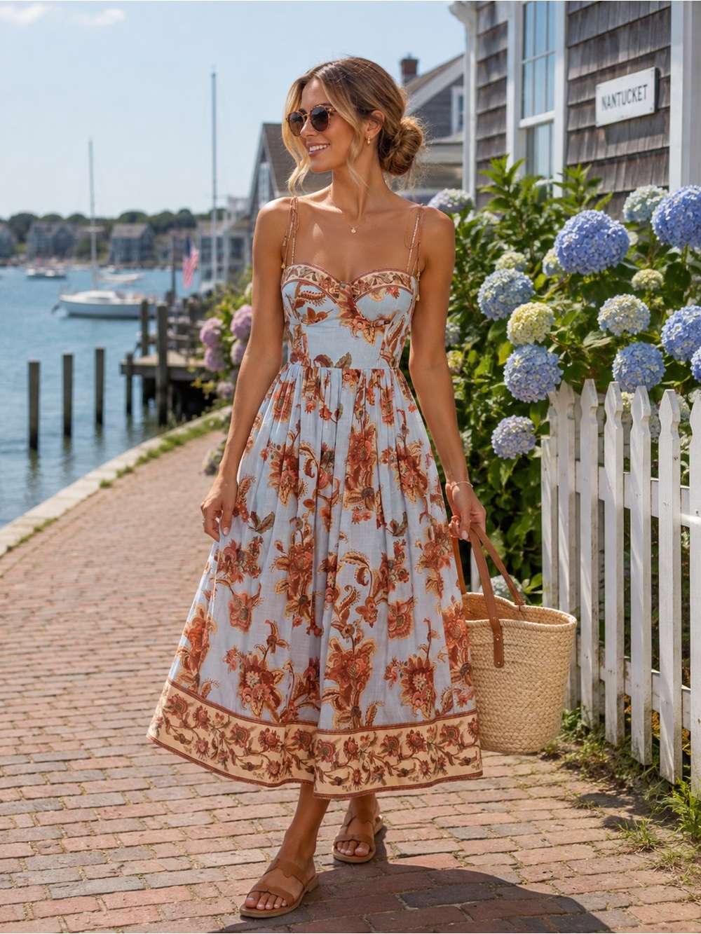 Zimmermann Light Blue Midi Dress with Rust Floral Print Size 0